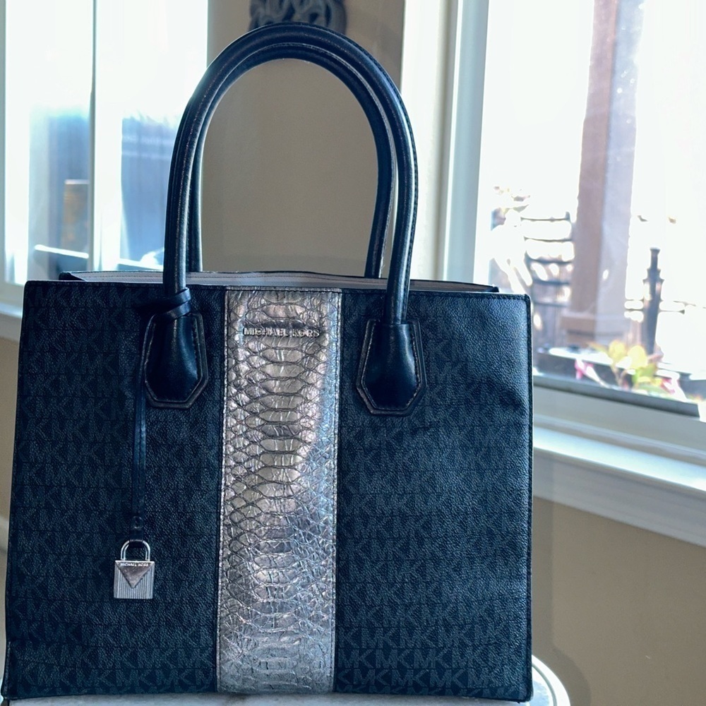 Michael Kors black handbag with silver metallic design and signature MK …